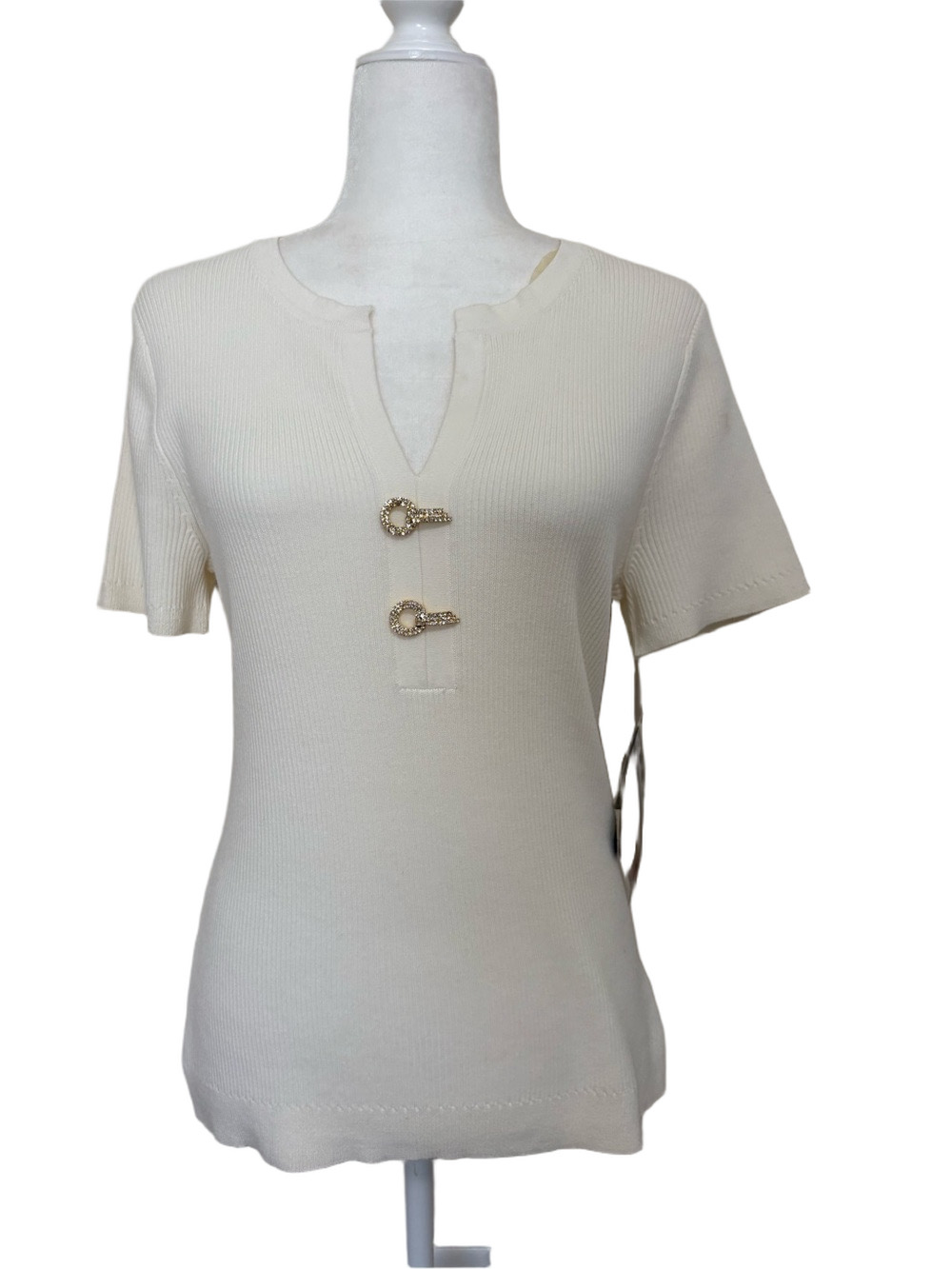 Nygard Cream Short-Sleeve Knit Top with Decorative Clasps